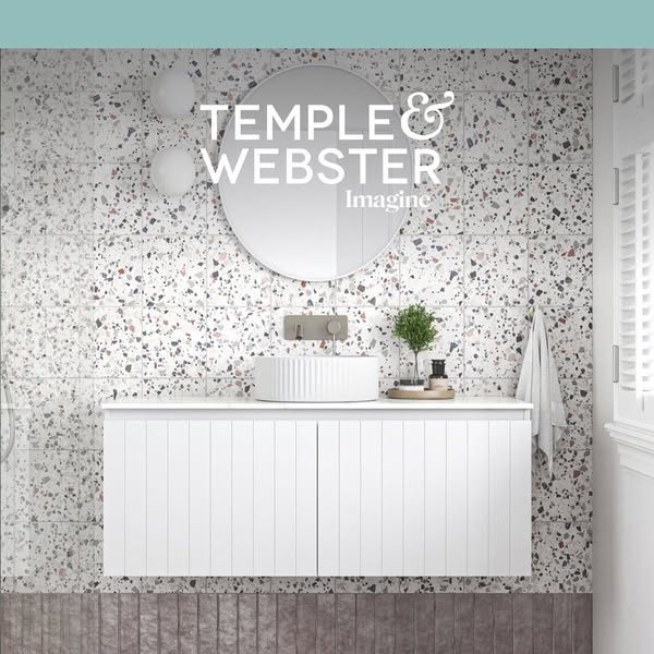 This ad showcases a bathroom vanity set from Temple & Webster, highlighting its design and suitability for a modern 