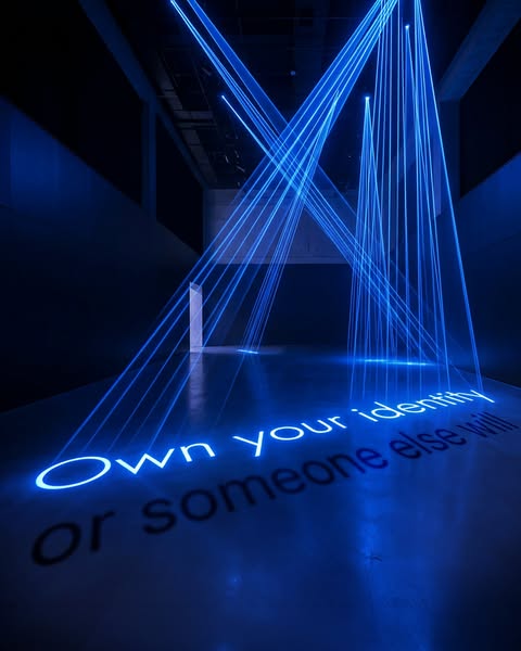 An art exhibit is shown in the image featuring blue laser lights and a reflective ground with a quote about owning your 