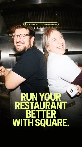 This image ad for Square features two restaurant workers in a kitchen setting, promoting Square as a solution to run a r