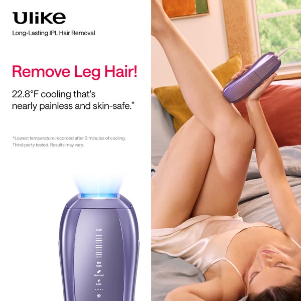 This image ad features a woman using the Ulike long-lasting IPL hair removal device in a relaxed setting, emphasizing it