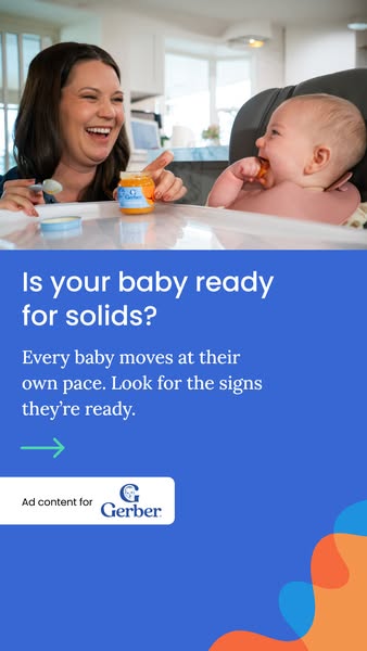 This ad promotes Gerber baby food, focusing on readiness for solids. The ad features a mother feeding her baby, alongsid