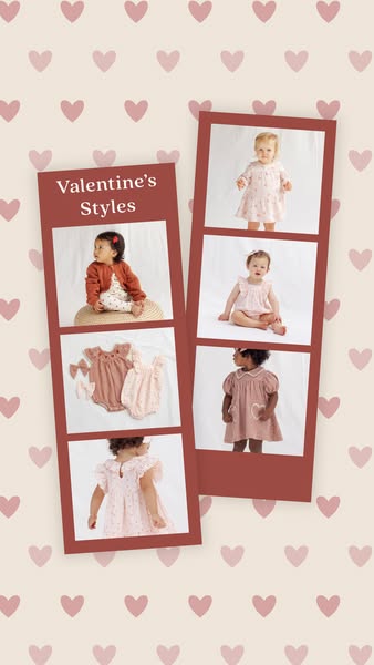 This image ad showcases a variety of Valentine's Day-themed clothing styles for babies and toddlers. The ad uses a c