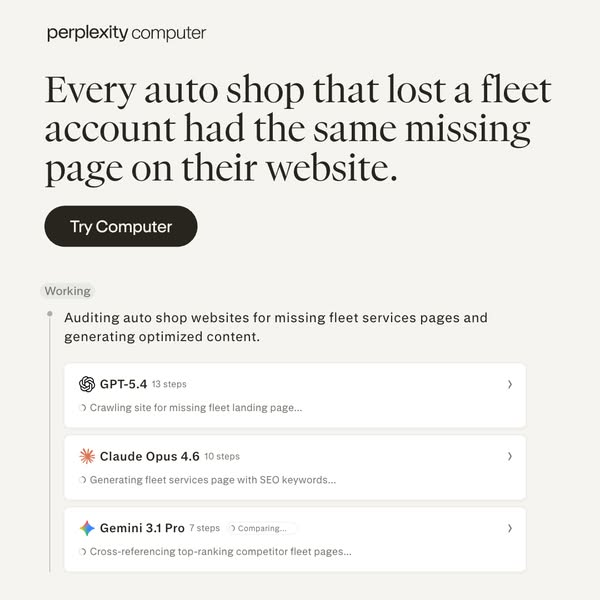 The ad presents Perplexity Computer as a solution for auto shops that have lost fleet accounts due to a missing page on 