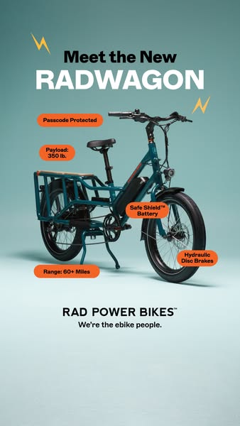 This image promotes the new RADWAGON ebike highlighting the passcode protection, payload, battery life, and hydraulic di