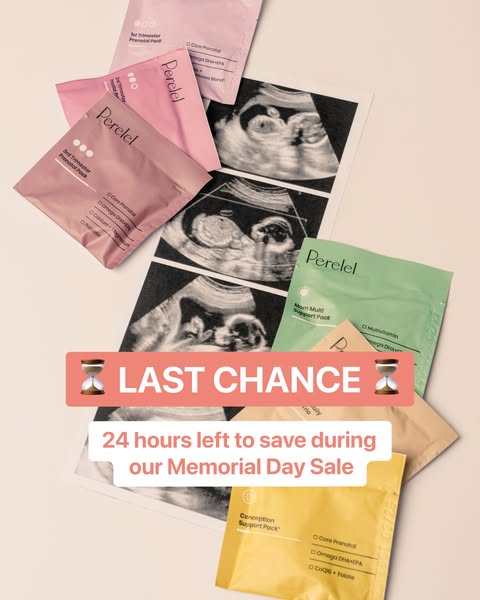 This image ad for Perelel promotes a Memorial Day sale on their prenatal packs, showing the different trimester pack opt