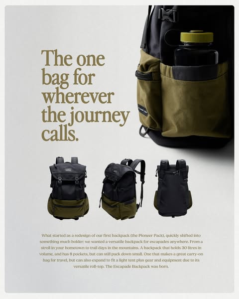This image ad showcases the Escapade Backpack, emphasizing its versatility for various journeys. The ad highlights its c