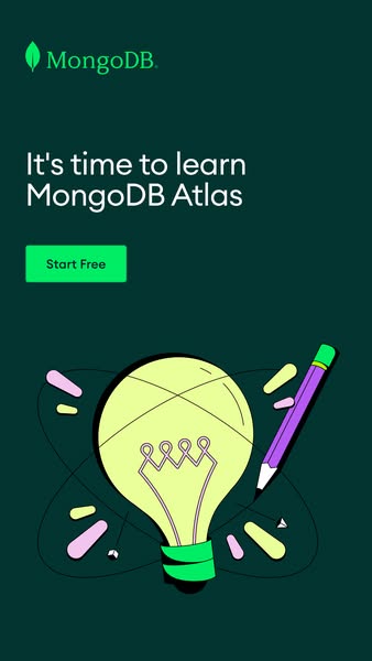 This ad promotes MongoDB Atlas, a cloud database service. The ad uses a simple illustration of a lightbulb and pencil to