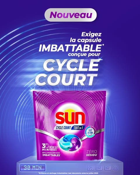 This image ad promotes Sun brand laundry detergent capsules designed for short wash cycles. The ad highlights the produc
