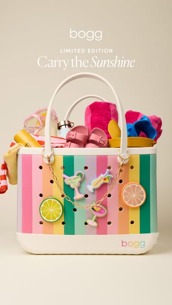 This ad promotes the Bogg Bag as the perfect beach or pool accessory. It highlights its functionality by showing it fill