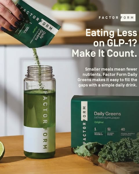 This ad for Factor Form Daily Greens highlights its ease of use and nutritional value, specifically targeting individual