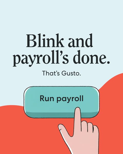 This ad for Gusto uses a simple visual of a hand pressing a button to communicate how easy it is to run payroll with the