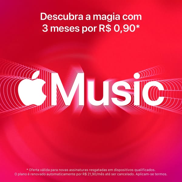This ad promotes Apple Music with an offer of 3 months for R$ 0.90. The ad features the Apple Music logo and offer detai