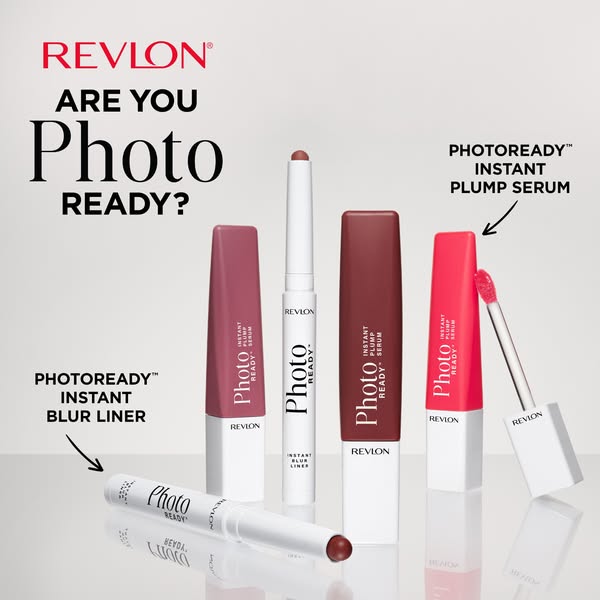 This ad showcases Revlon's PhotoReady line, specifically highlighting the Instant Plump Serum and Instant Blur Liner
