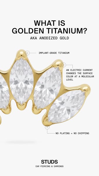 This ad showcases the golden titanium metal used in the brand's ear piercing studs and earrings.