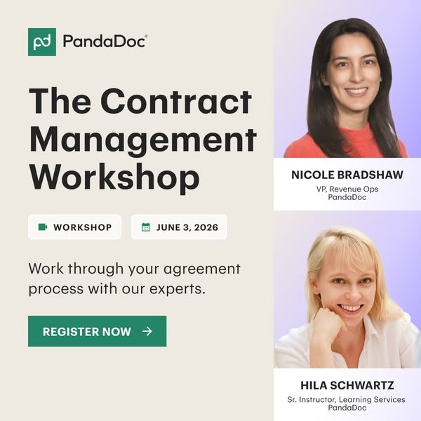 This image ad promotes PandaDoc's contract management workshop to work through your agreement process with experts. 