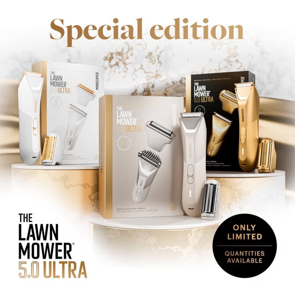 This image ad promotes the Manscaped Lawn Mower 5.0 Ultra, a special edition grooming tool for men. The ad features prod