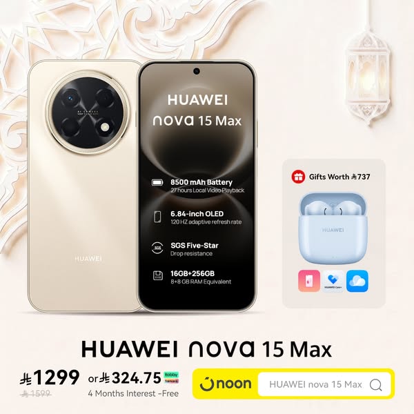 This ad promotes the Huawei Nova 15 Max smartphone, highlighting its key features such as long battery life, high-qualit