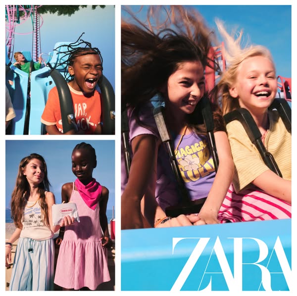 This ad showcases a collage of four different images of children riding a roller coaster or walking in a seaside locatio