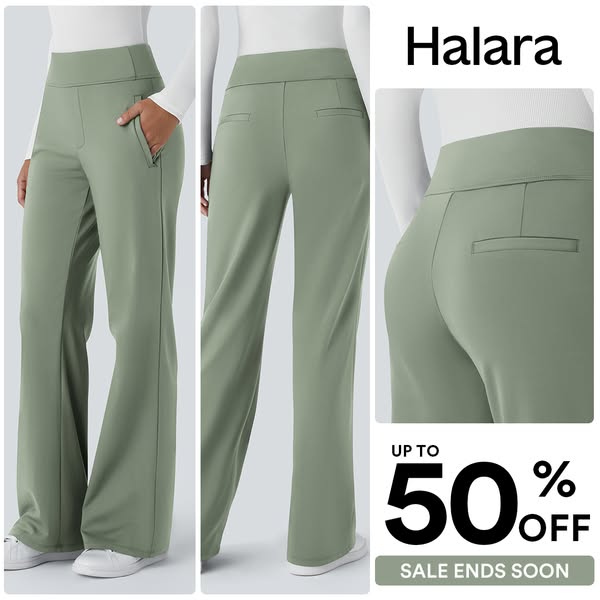 This ad for Halara features a collage of three images of the same pair of pants, along with a discount offer.