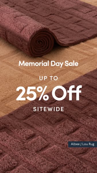 An advertisement for Albee / Lou Rug's Memorial Day sale offering up to 25% off sitewide.