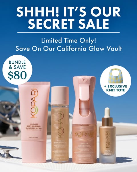This ad showcases the Kopari California Glow Vault with a bundle and save offer. It emphasizes the secret sale and inclu