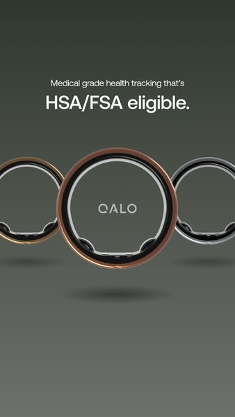 This ad showcases the QALO health tracker ring, highlighting its eligibility for HSA/FSA reimbursement.