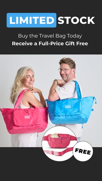 This image ad promotes a travel bag, highlighting a limited stock offer where customers receive a full-price gift for fr