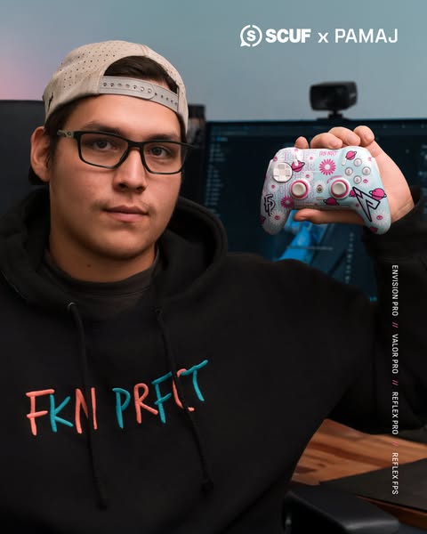This ad features a man holding a custom SCUF controller. The ad highlights the collaboration between SCUF and PAMAJ, sho