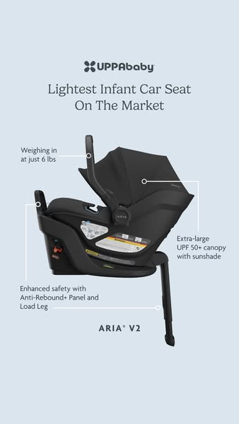 This ad showcases the UPPAbaby ARIA V2 infant car seat, highlighting its lightweight design and safety features.
