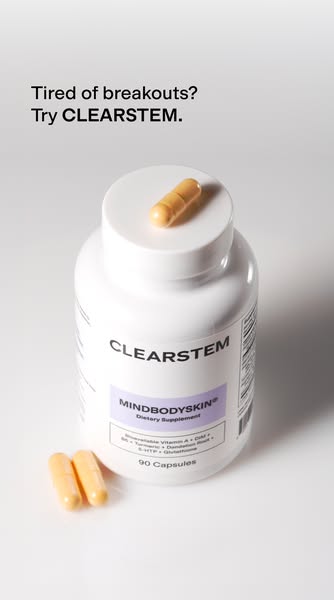 This ad features a product shot of CLEARSTEM's skincare supplement. The ad is targeting people who are tired of brea