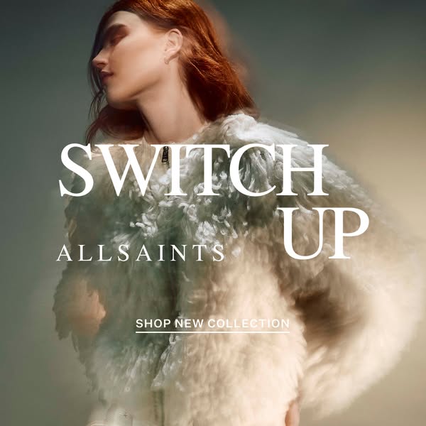 This image ad for Allsaints features a woman wearing a shearling jacket. The ad encourages viewers to shop the new colle