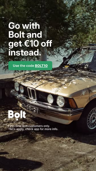 This image ad for Bolt promotes a €10 discount for first-time customers. The ad features a vintage car covered in bird d