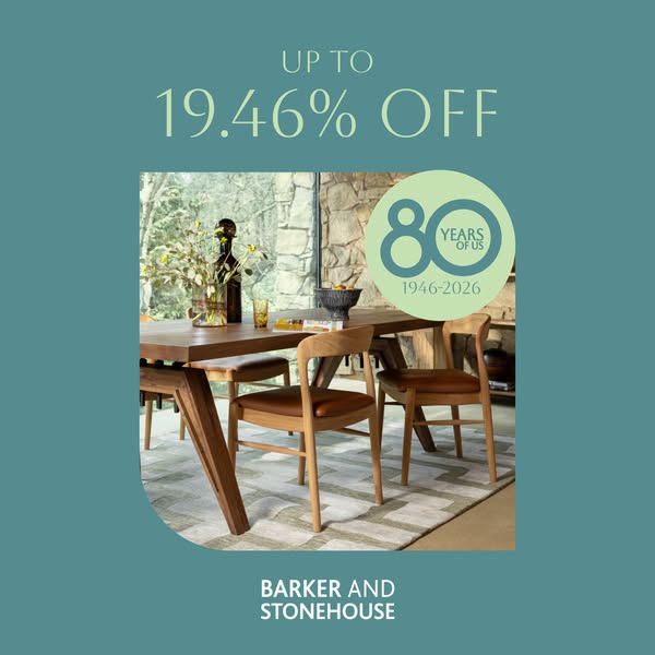 An image ad from Barker and Stonehouse promotes a sale of up to 19.46% off. The ad features a dining room set, including