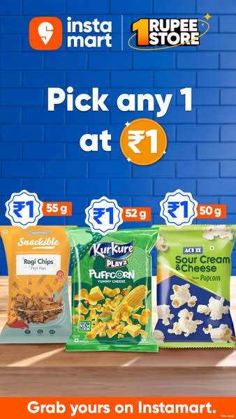 This image ad promotes Instamart's 1 Rupee Store, showcasing a selection of snack items available for purchase at a