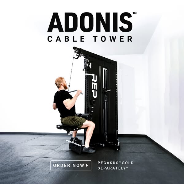 This ad showcases the Adonis Cable Tower by REP, highlighting its features and functionality through a demonstration of 