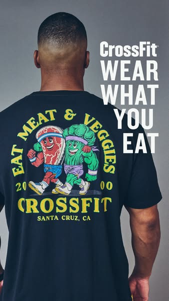 This ad features a person wearing a CrossFit t-shirt with a cartoon graphic of a meat and vegetable character. The ad pr
