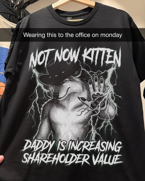 This image ad features a black t-shirt with a graphic of a wolf wearing a cowboy hat and the text "NOT NOW KITTEN D