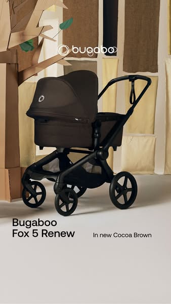 An ad for the Bugaboo Fox 5 Renew stroller in cocoa brown.