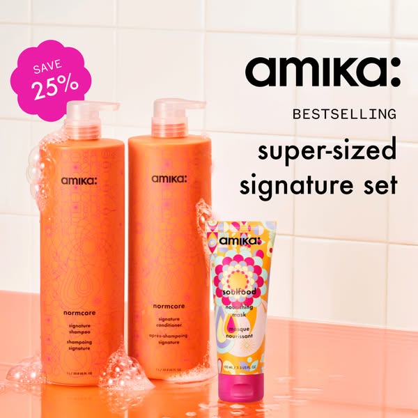 This ad showcases Amika's super-sized signature set, highlighting a 25% discount. The visual focuses on the product 