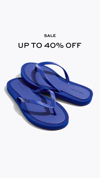 This ad displays two blue Tory Burch flip-flops on a white background with the text "SALE UP TO 40% OFF" at th