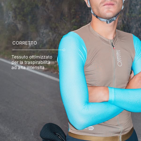 This ad for Castelli cycling sleeves highlights the product's breathability for high-intensity activity. It uses an 