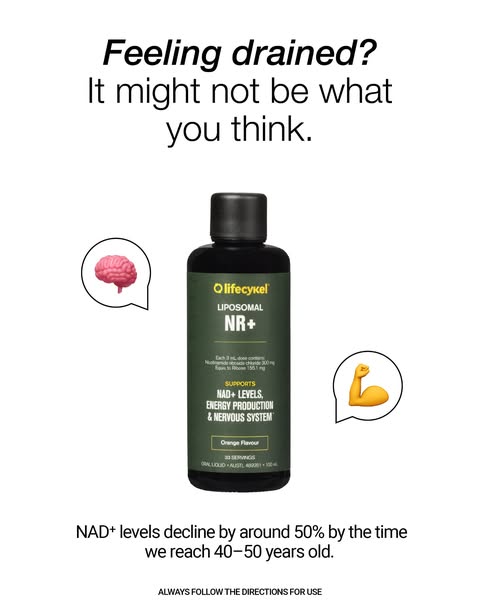 This ad highlights the problem of feeling drained and suggests that it may be due to declining NAD+ levels. It then pres