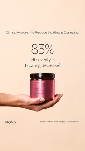 This ad promotes Promix Gut Balance + Probiotics supplement. The ad uses text and visuals to highlight the product's