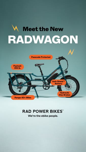 This ad showcases the RadWagon ebike, highlighting its key features such as payload capacity, range, battery safety, and