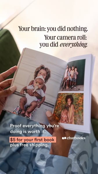 This ad is for Chatbooks and features an open photo book with family photos. The ad aims to connect with parents by high