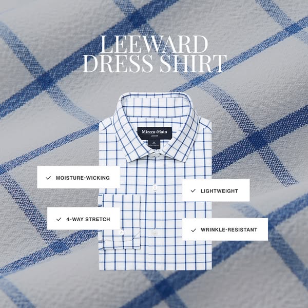 This image ad showcases the Leeward Dress Shirt from Mizzen+Main and highlights its features such as moisture-wicking, l