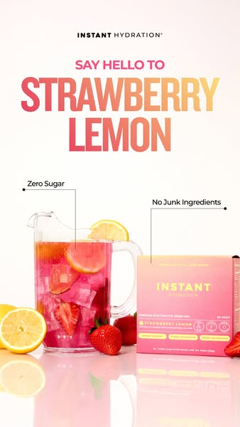This image ad for Instant Hydration features a drink in a clear pitcher filled with ice, strawberry slices, and lemon sl