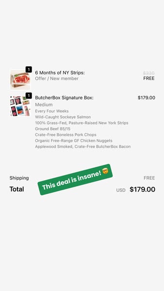 The ad is a screenshot of a ButcherBox order that includes 6 Months of NY Strips and a ButcherBox Signature Box. The tot