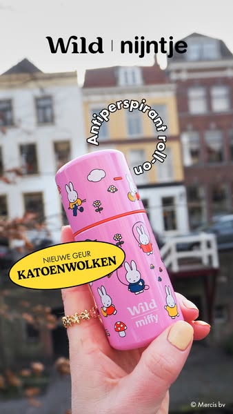 This ad showcases a Wild Nijntje antiperspirant roll-on deodorant with Miffy character designs. The ad emphasizes the pr