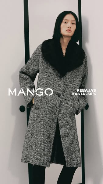 This ad showcases a woman wearing a Mango coat with a fur collar. The ad highlights a sale of up to 50% off.